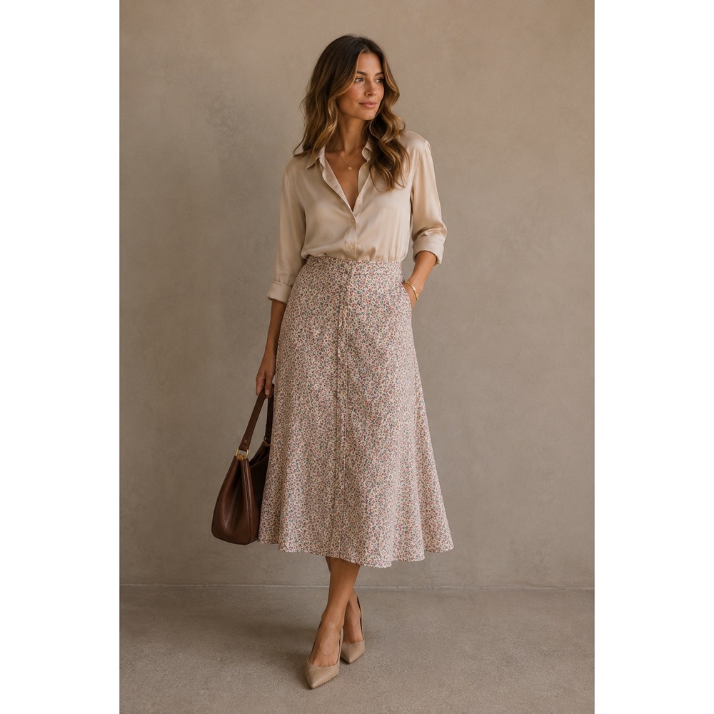 Sezane Ralph Floral Button Down Midi Skirt Cream Ditsy Print High Waist Size 34